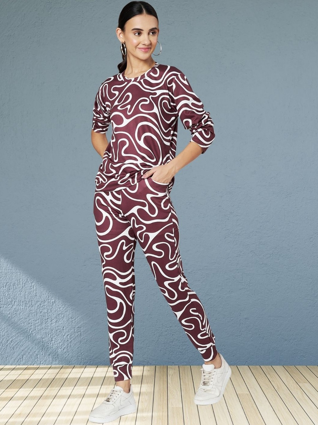 Moda Rapido Women Wine Cotton Lycra Blend Abstract Printed Tracksuit