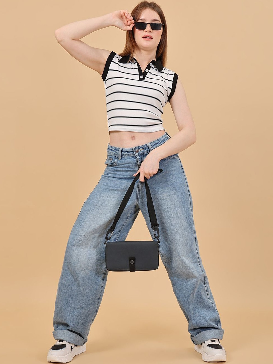 Moda Rapido White Girls Crop Top Horizotal stripe with Shirt Collar