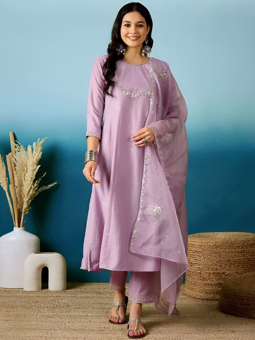 Happy Design Mirror Work Round Neck A-Line Kurta With Trousers And Dupatta
