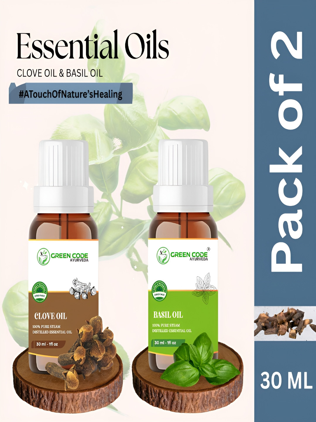 GREEN CODE AYURVEDA Set Of 2 100% Pure Distilled Clove & Basil Essential Oils - 30 ml Each
