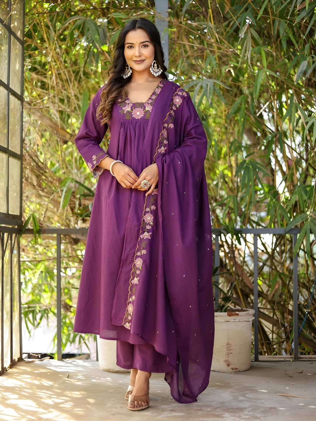 Happy Design Women Floral Embroidered Empire Thread Work Kurta with Trousers & Dupatta