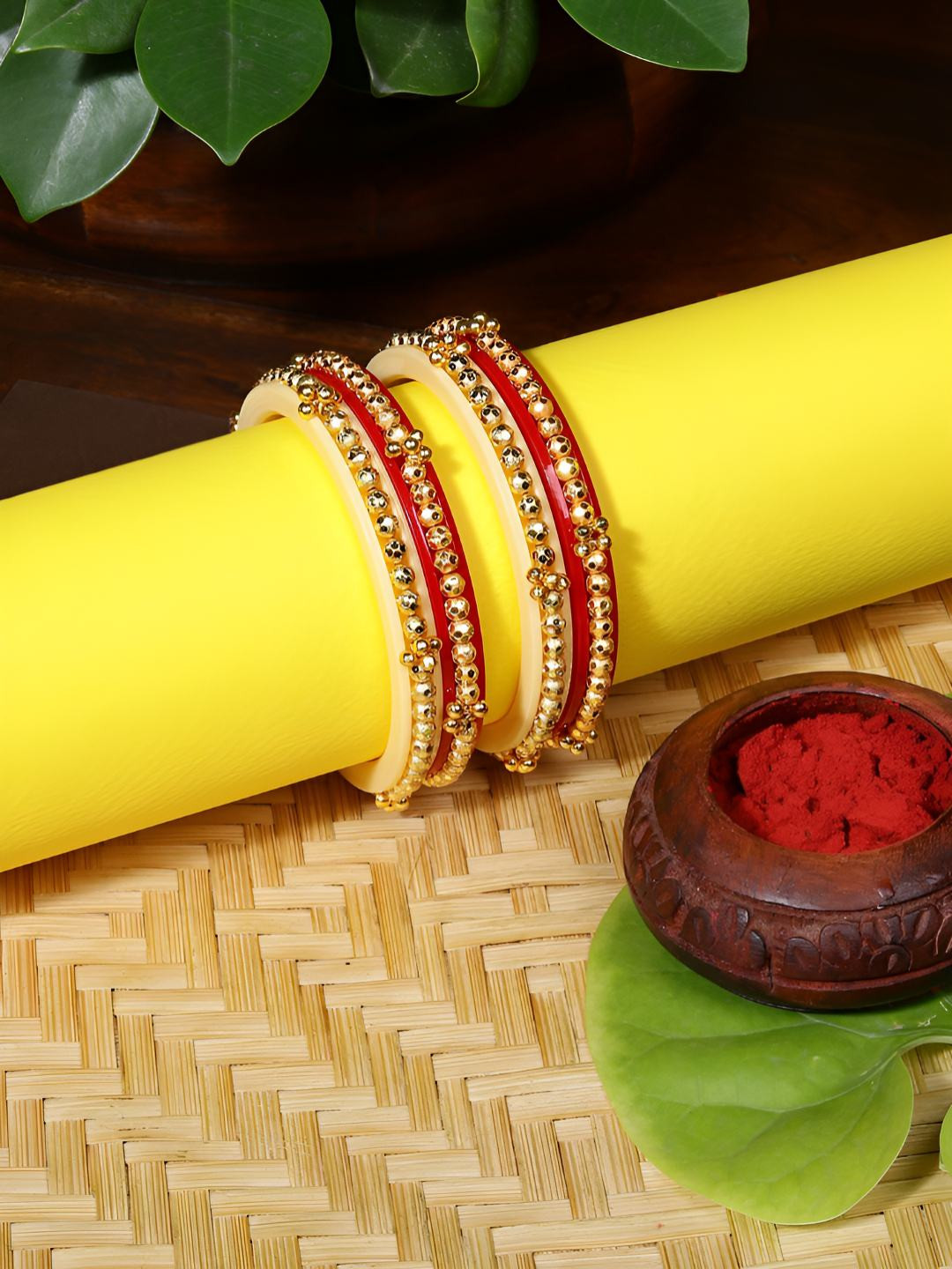 FIROZA Set of 4 Gold-Plated Beaded Shubha Sangati Bangles