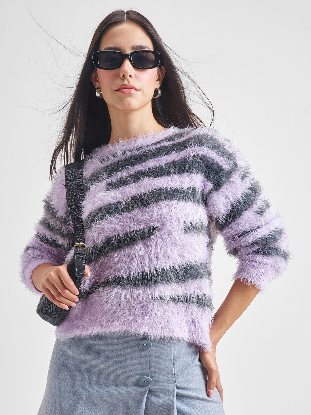 Tokyo Talkies Purple Striped Jacquard Fur Acrylic Relaxed Fit Pullover Sweater