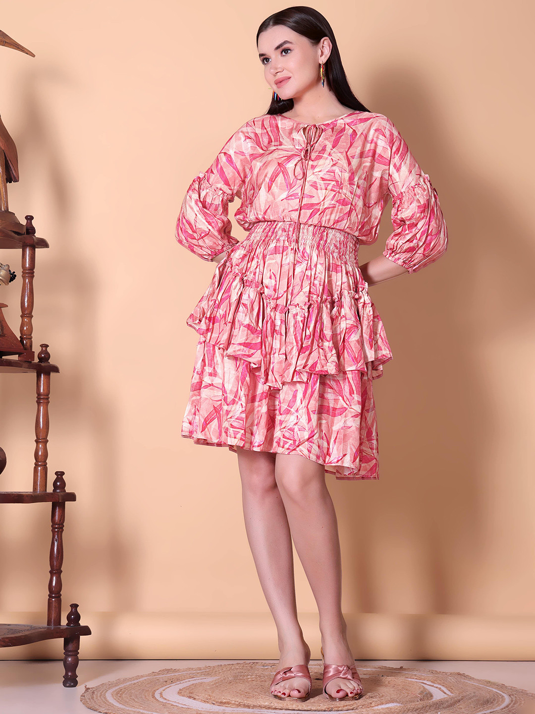 Dot Shine Women Tropical Printed Tie Up Neck Puff Sleeves Smocked Fit And Flare Dress
