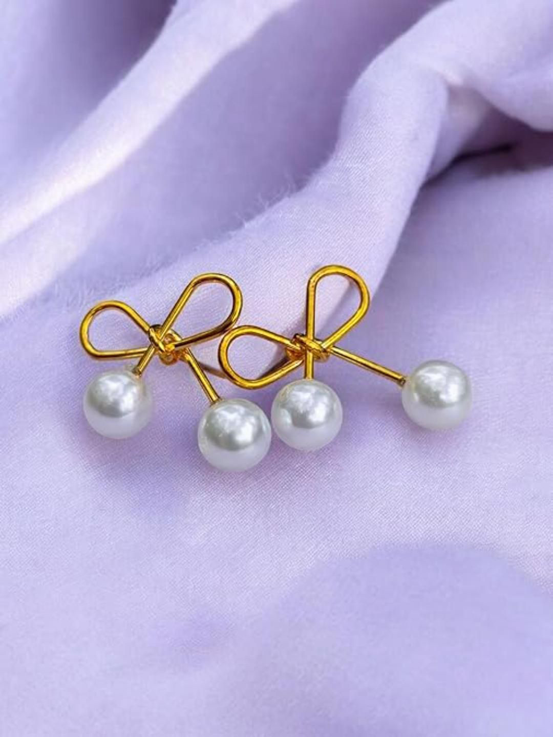 DN Creation Sterling Silver Gold-Plated Pearls Beaded Korea Bowknot Shaped Studs