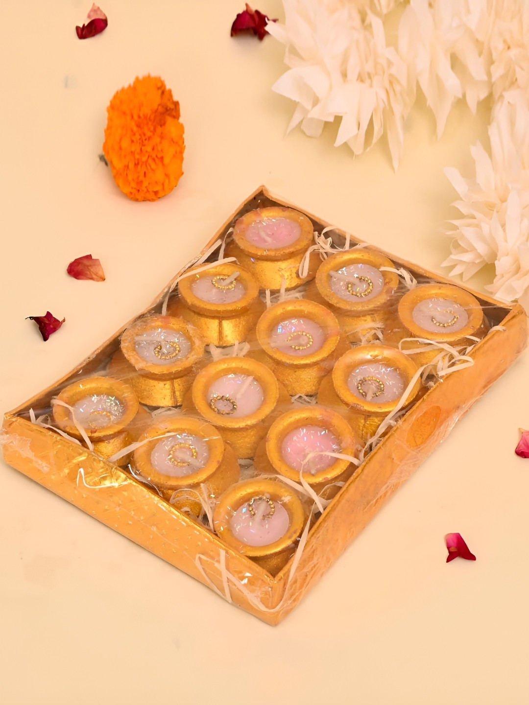 CraftVatika Gold Toned 12-Pieces Wooden Matki Wax Diyas Candles