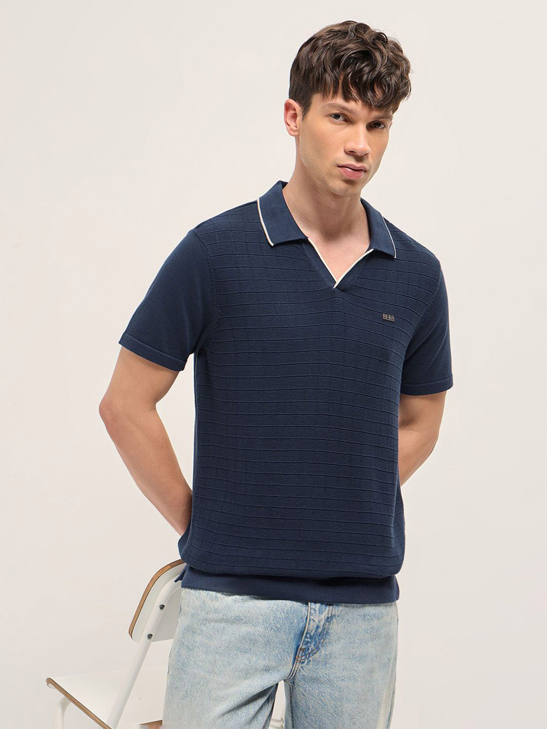 THE BEAR HOUSE Men Checked Textured Flat Knit Polo Collar Pure Cotton T-shirt