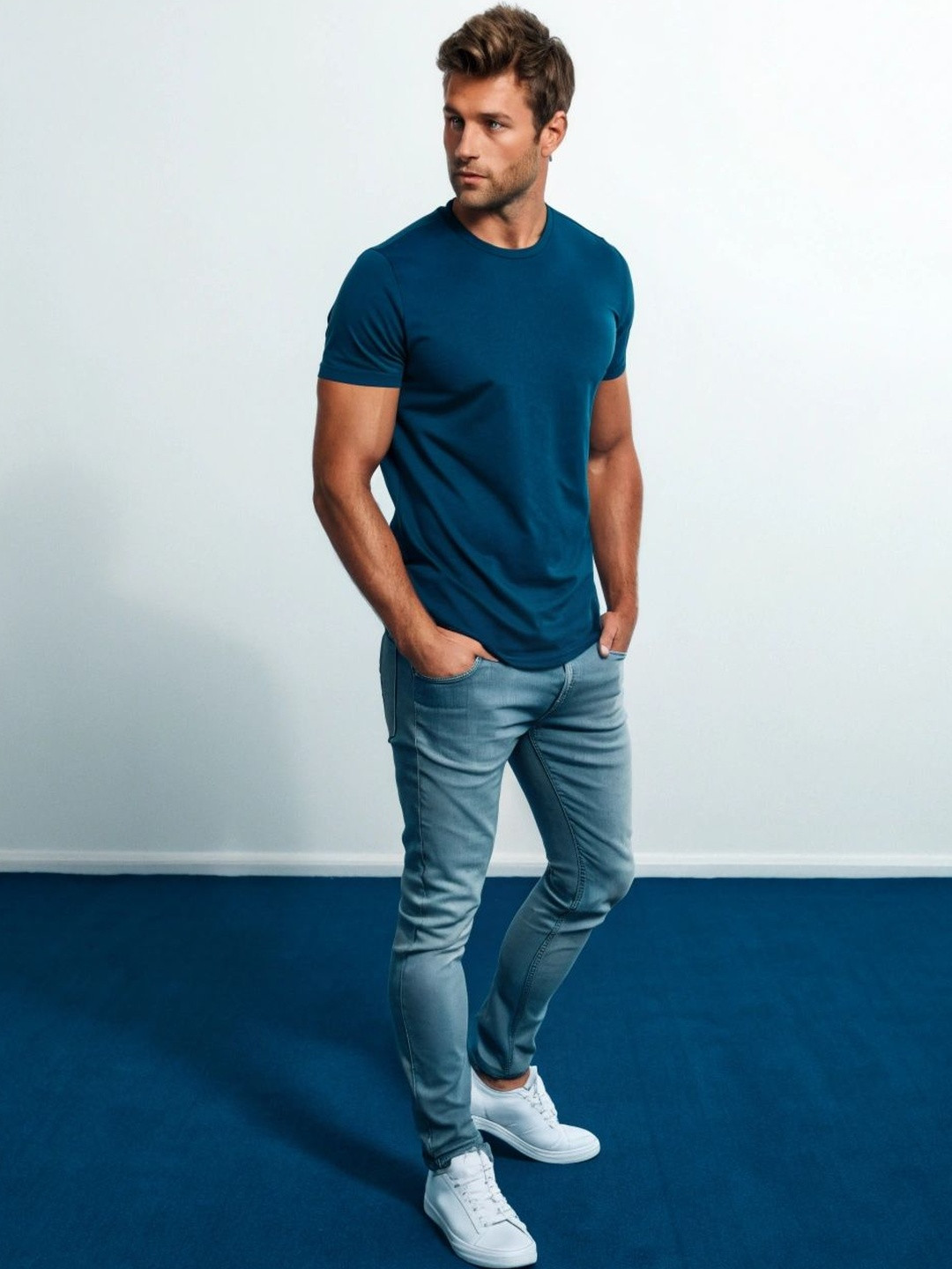 Moda Rapido Men Turquoise Blue Solid Short Sleeves Cotton T-shirt