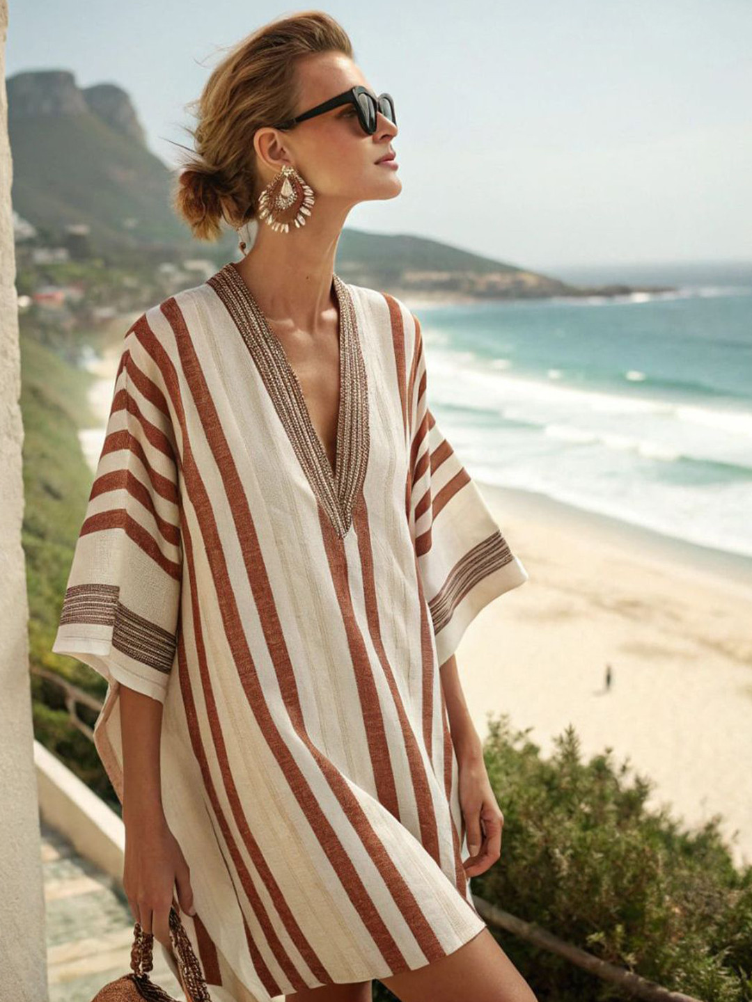 StyleCast Women V-Neck Striped Kaftan Kimono Sleeve Dresses