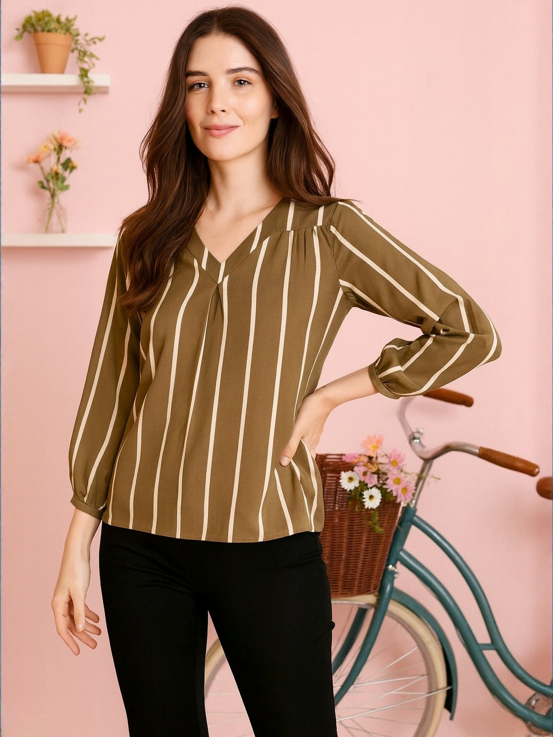 HERE&NOW Women Olive V-Neck Stripe Casual Top