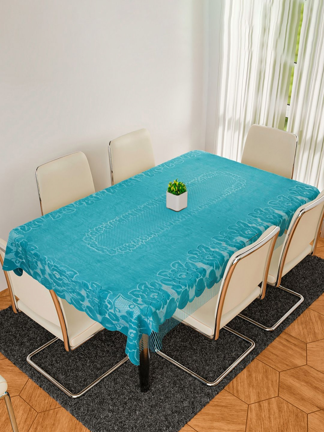 Aura Jhalar Green Floral Textured Anti-Skid 6-Seater Table Cover