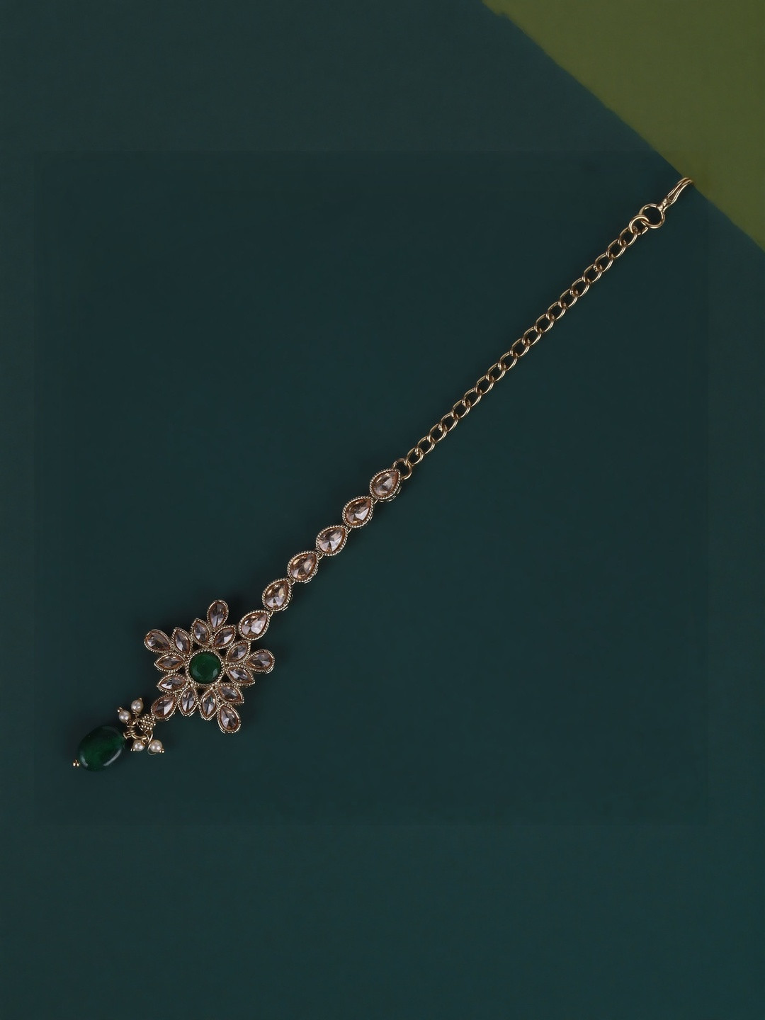 SALONI FASHION JEWELLERY Gold-Plated Crystals Studded Maang Tikka Head Jewellery