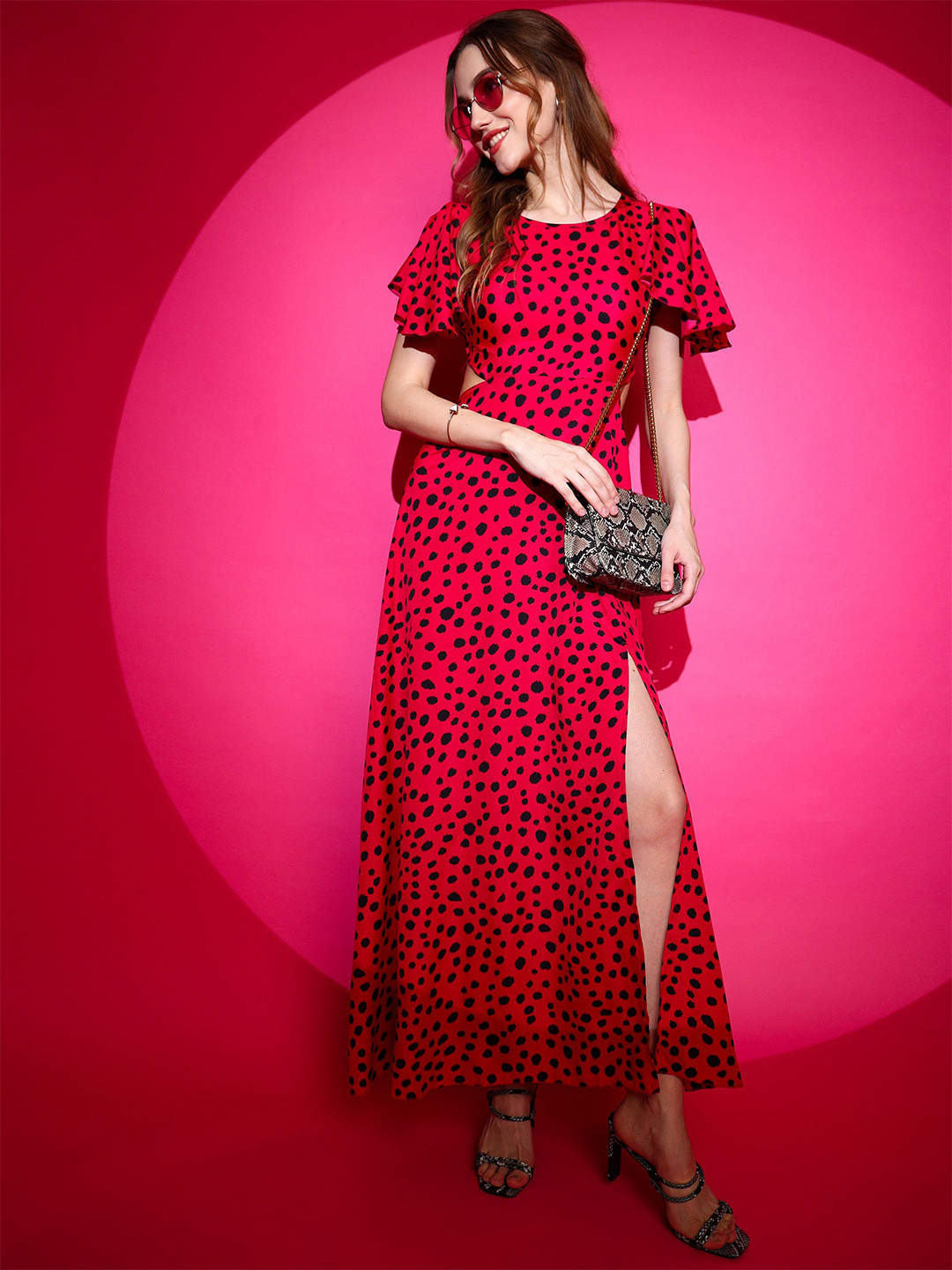 Honky Tonky Animal Print Flared Sleeves Cut-Out Slit Fit & Flare Maxi Dress