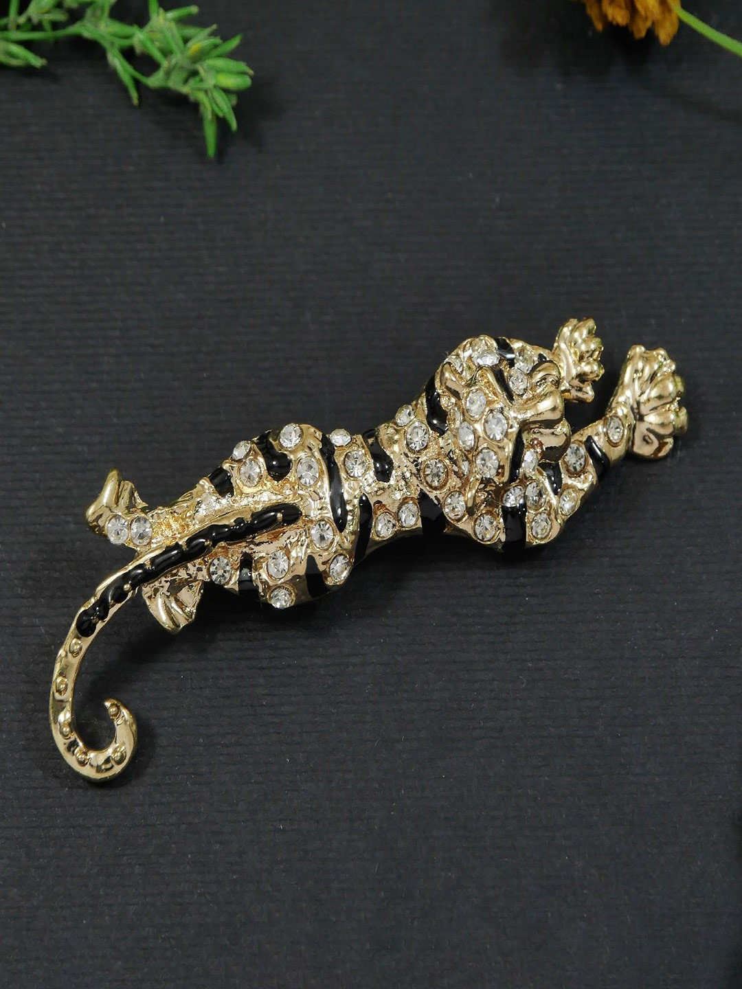 ADORN Mens Rhinestone Studded Tiger Lapel Enamel Brooch