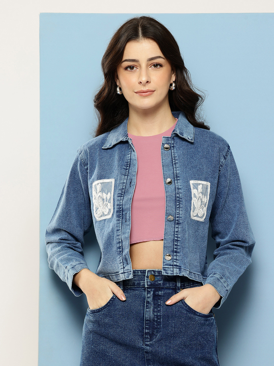 Aarika Sequined Pocket Crop Denim Jacket