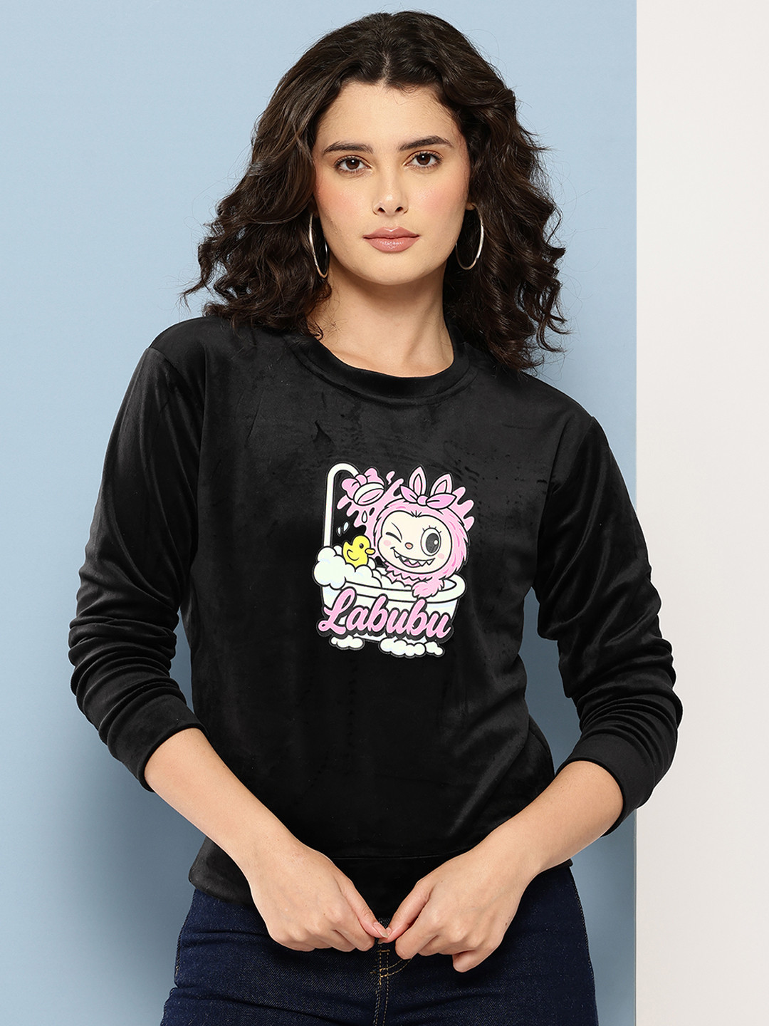 Aarika Labubu Printed Round Neck Velvet Sweatshirt