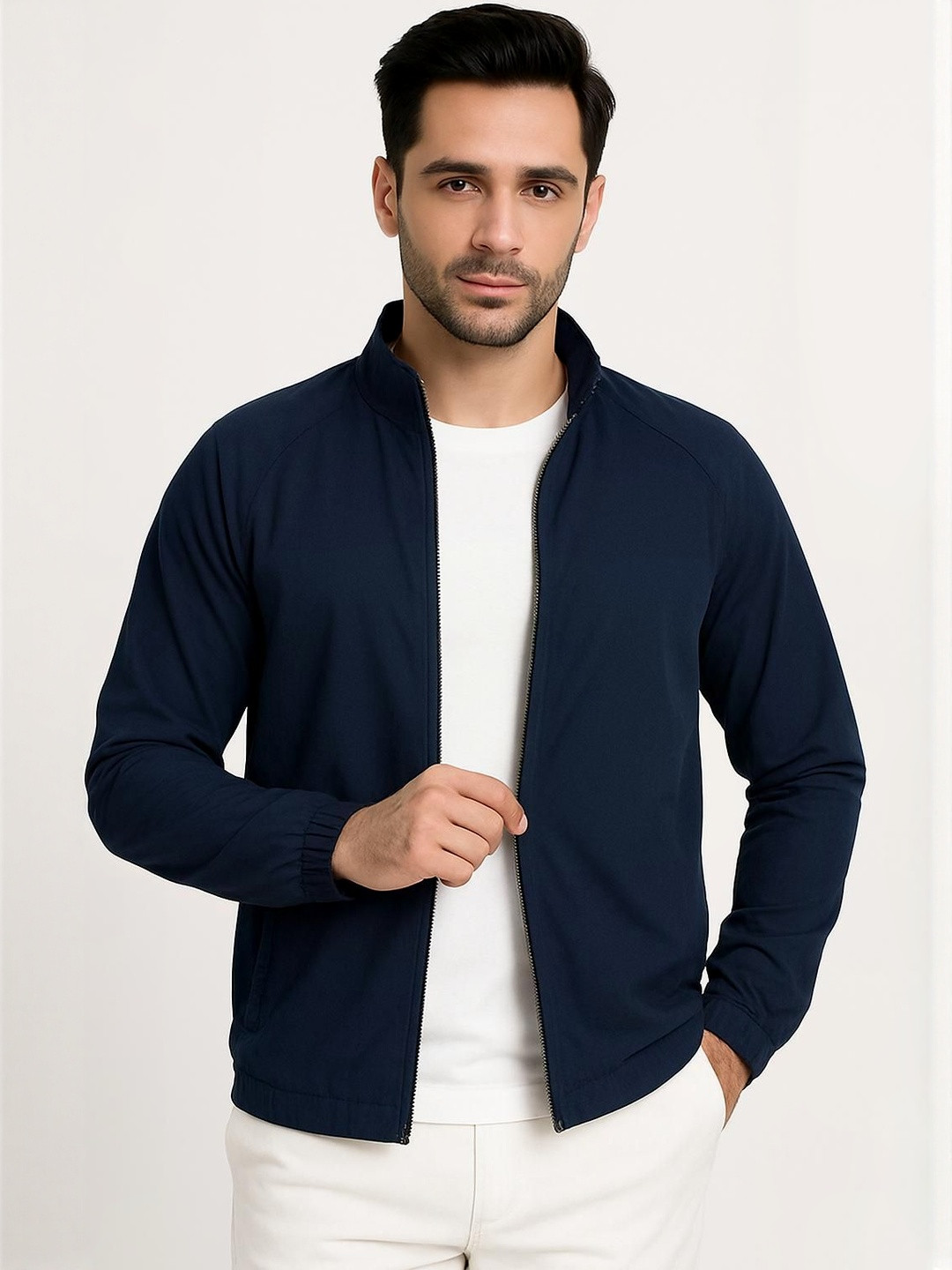 Apraa & Parma Men Stand Collar Solid Lightweight Bomber Jacket