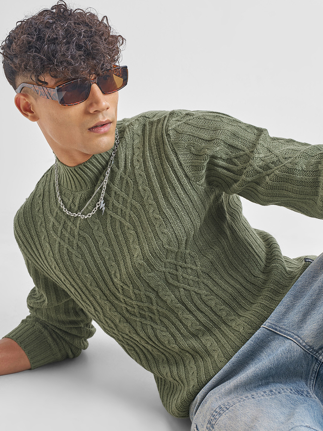 HIGHLANDER Cable Knit Mock Collar Acrylic Pullover Sweater