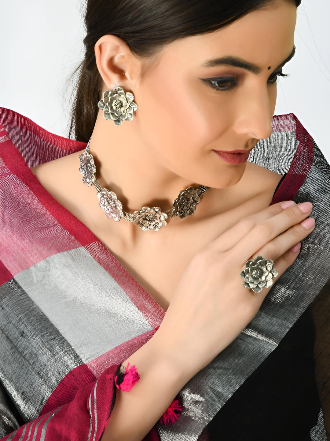 JOHARKAMAL Silver Plated Oxidised Rose Choker Necklace And Earrings With Ring