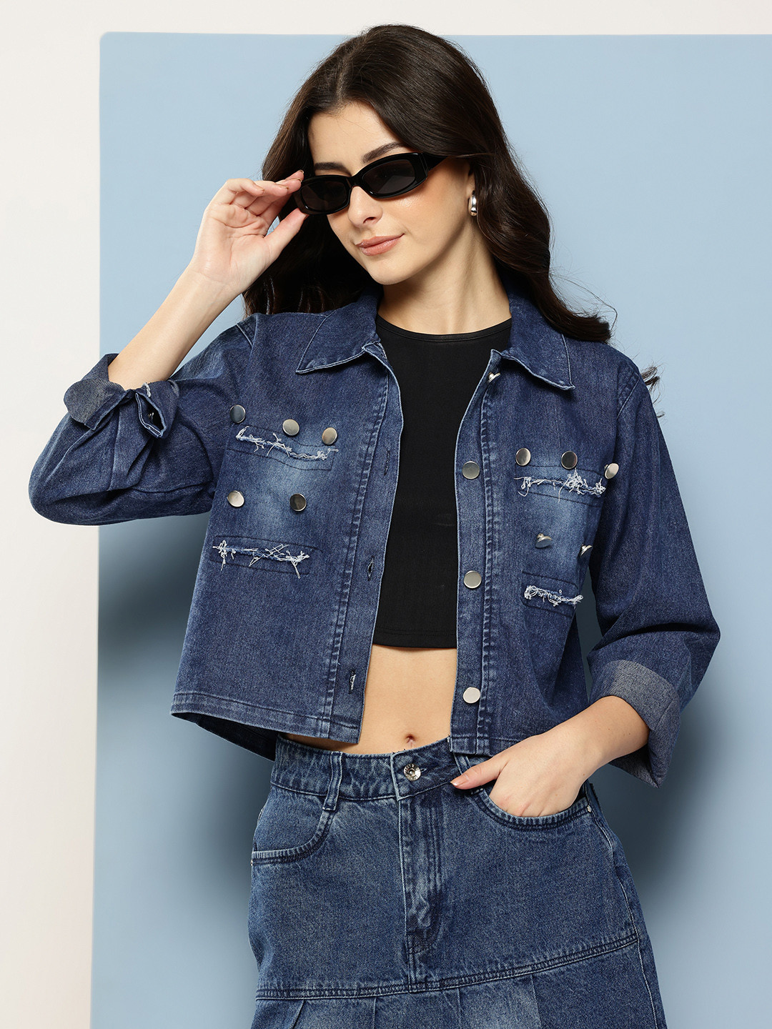 Aarika Washed Effect Ripped Crop Denim Jacket with Mock Buttons