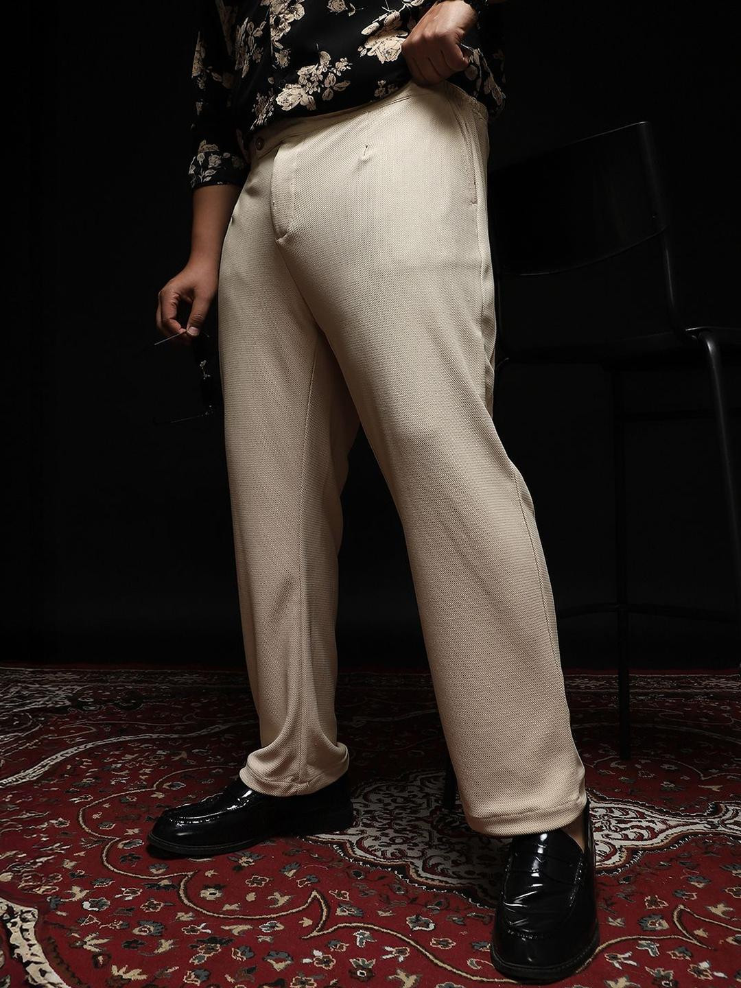 Instafab Plus Men's Saltbox Beige Textured Extended-Waistband Trousers