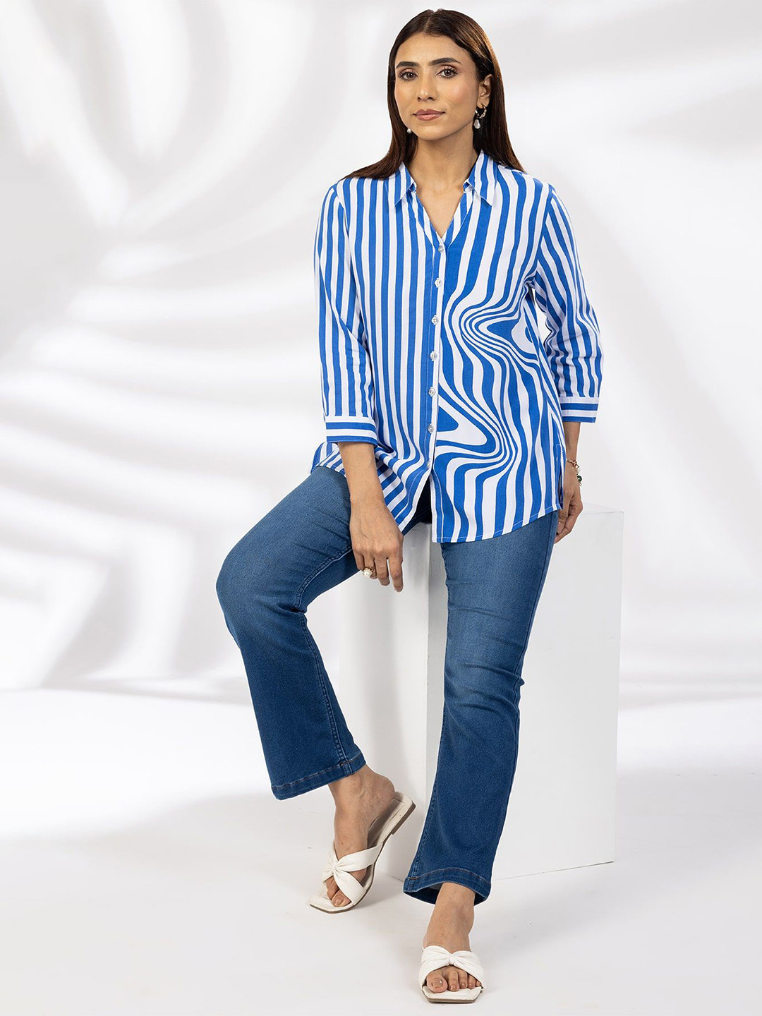 Mustard Women Original Fit Vertical Striped Spread Collar Casual Shirt