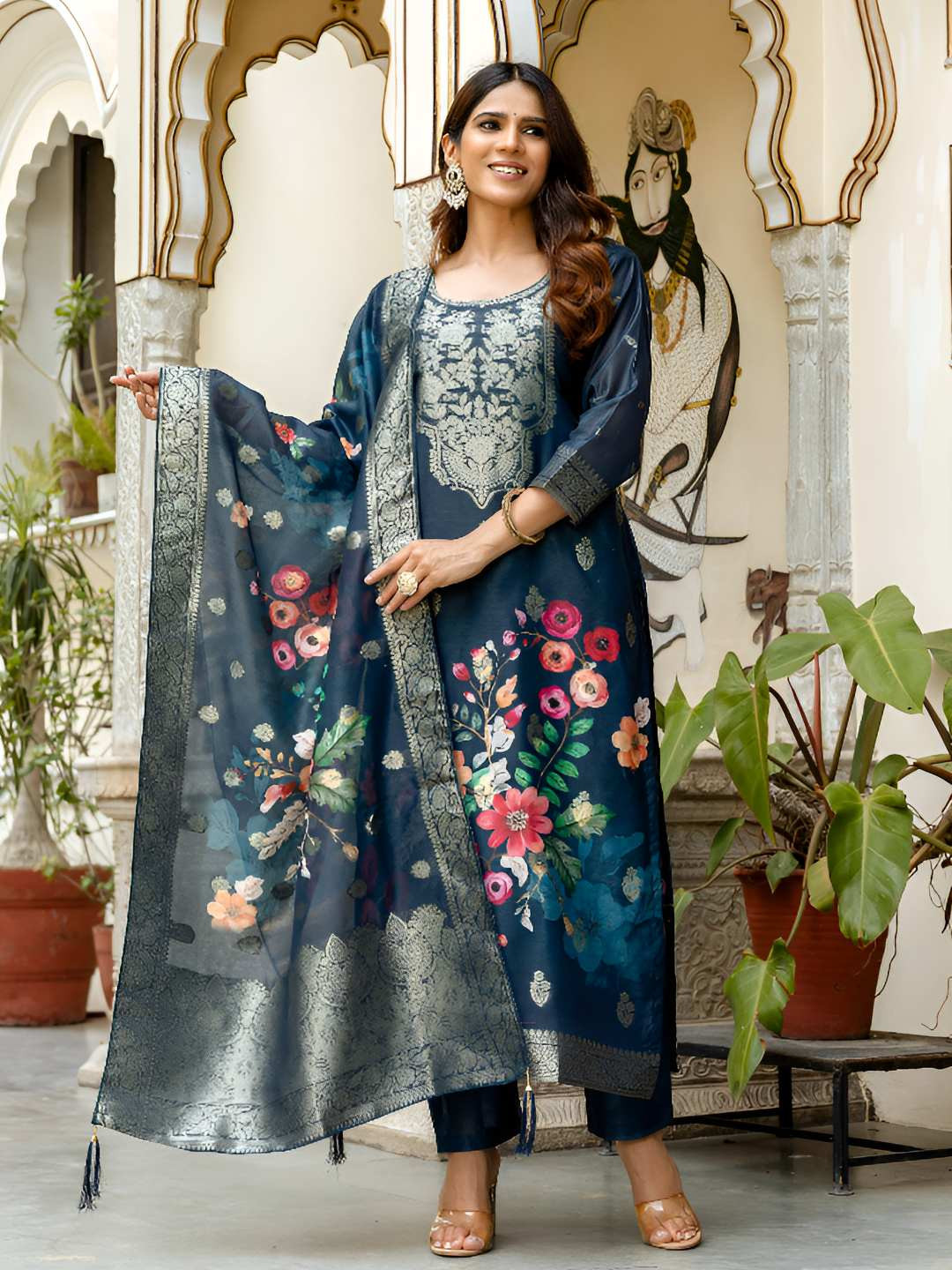 Happy Design Floral Printed Chanderi Cotton Kurta With Trousers & Dupatta