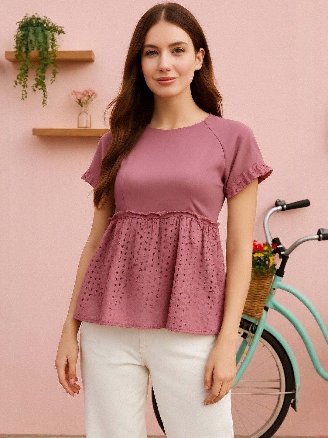 HERE&NOW Women Onion Pink Raglan Sleeves Schiffli Crepe Top