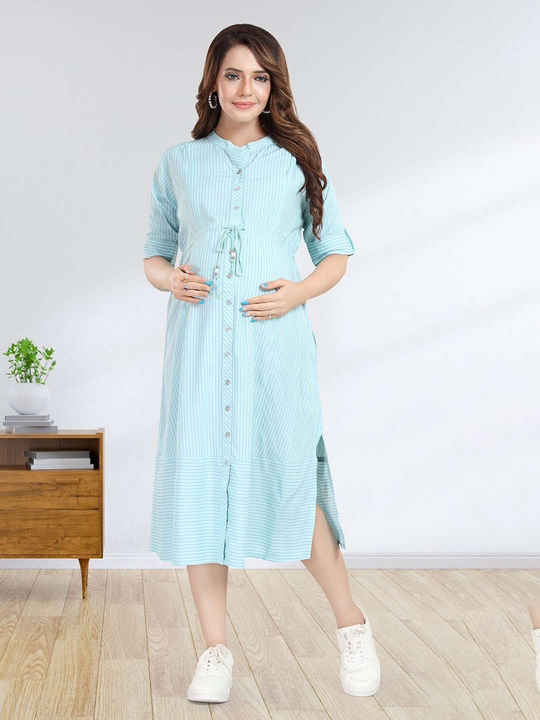 MomsBae Women Maternity Striped Roll-Up Sleeves Cotton Shirt Midi Dress