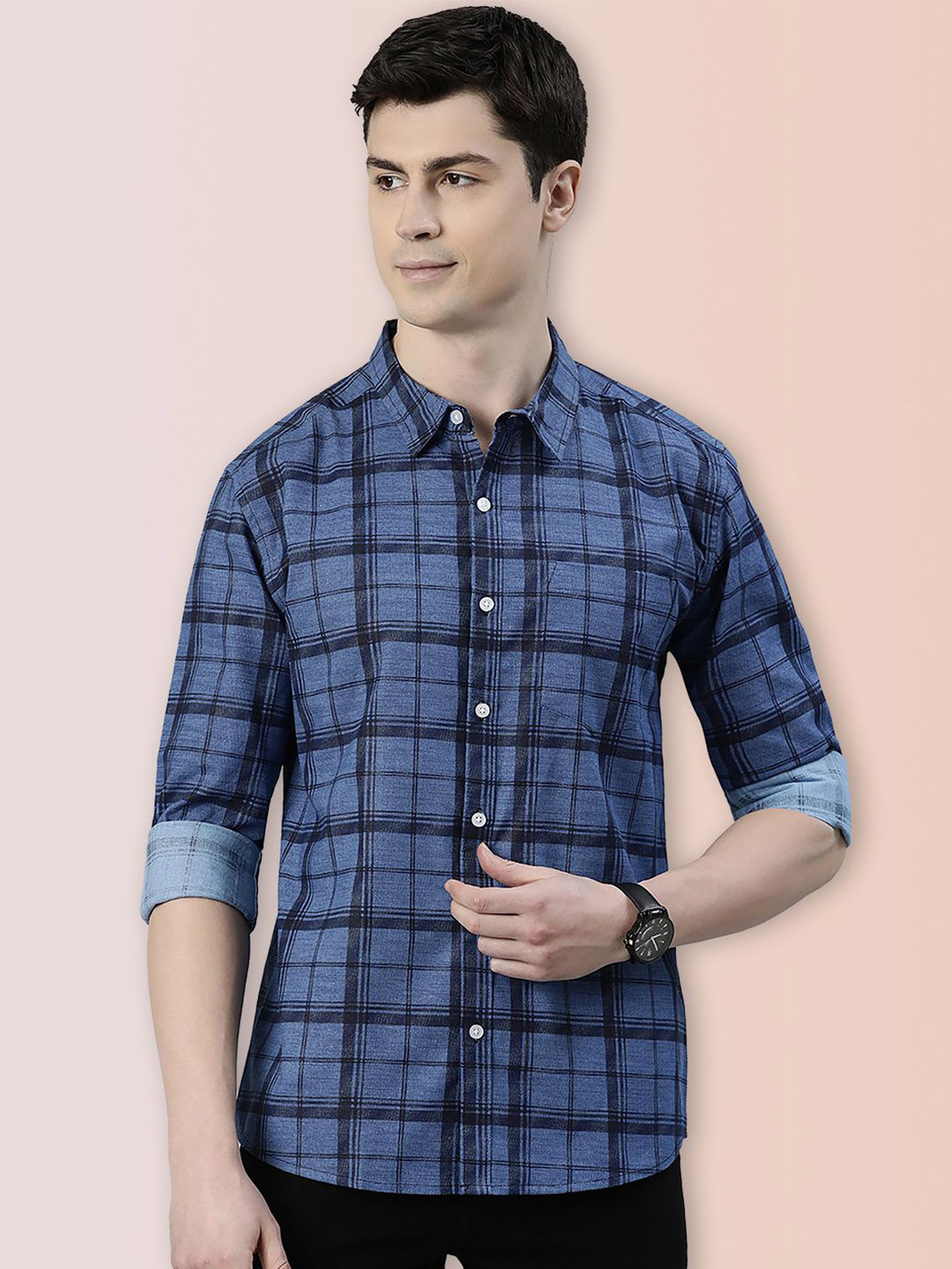 Broon Men Checked Spread Collar Cotton Casual Shirt