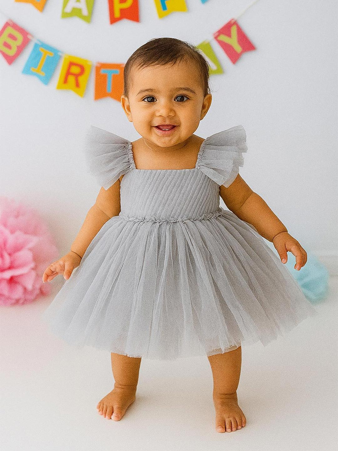 MeeMee Flutter Sleeve Applique Fit & Flare Dress