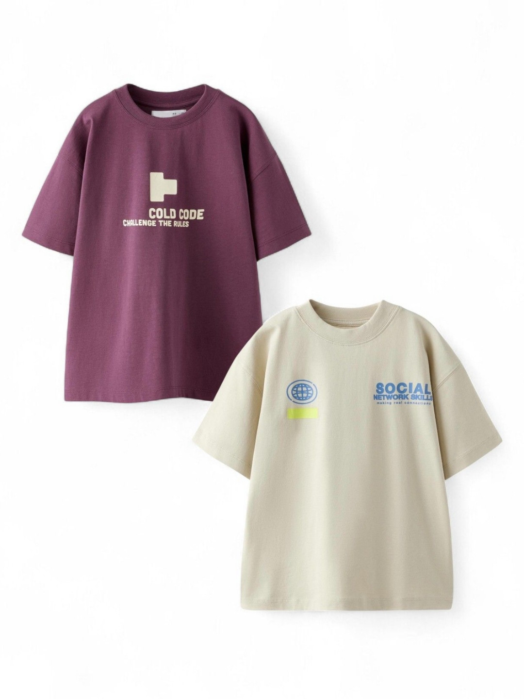 Alan Jones Set Of 2 Typography Printed Drop-Shoulder Sleeves Cotton Oversized T-shirt