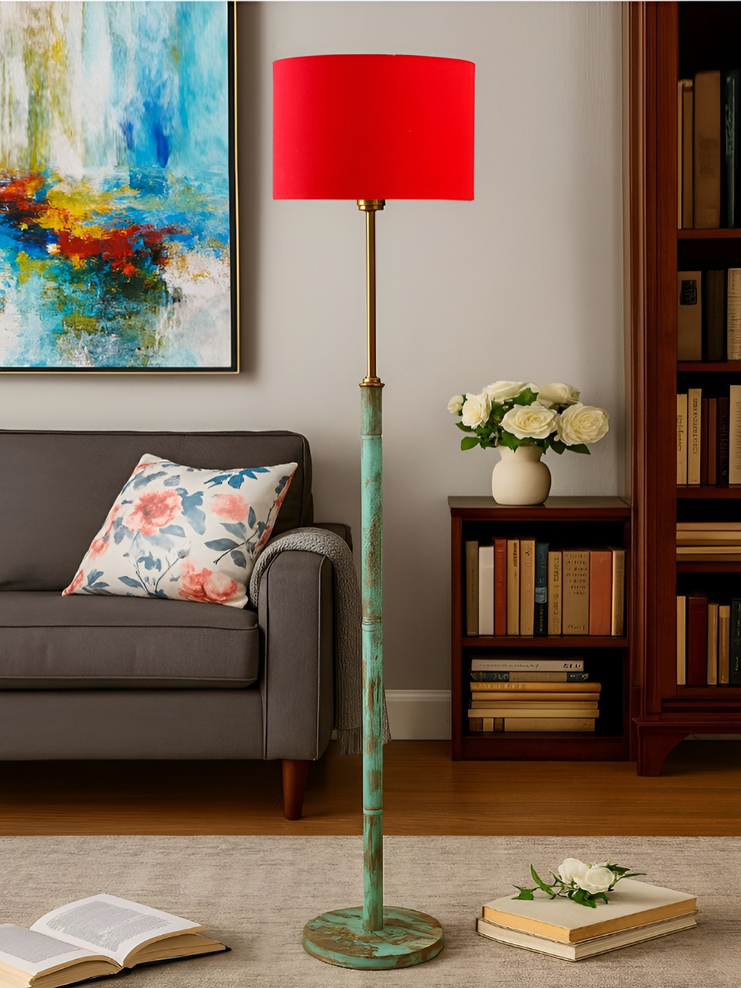 Devansh Red & Green Textured Wooden & Cotton Cylinder Floor Lamp