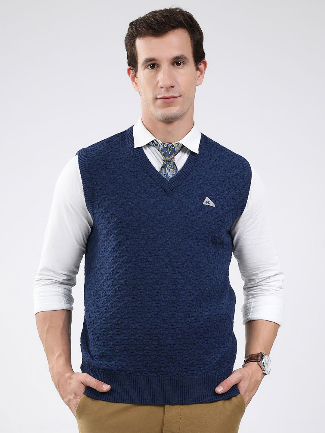 Monte Carlo Self Design V Neck Sleeveless Wool Sweater Vest