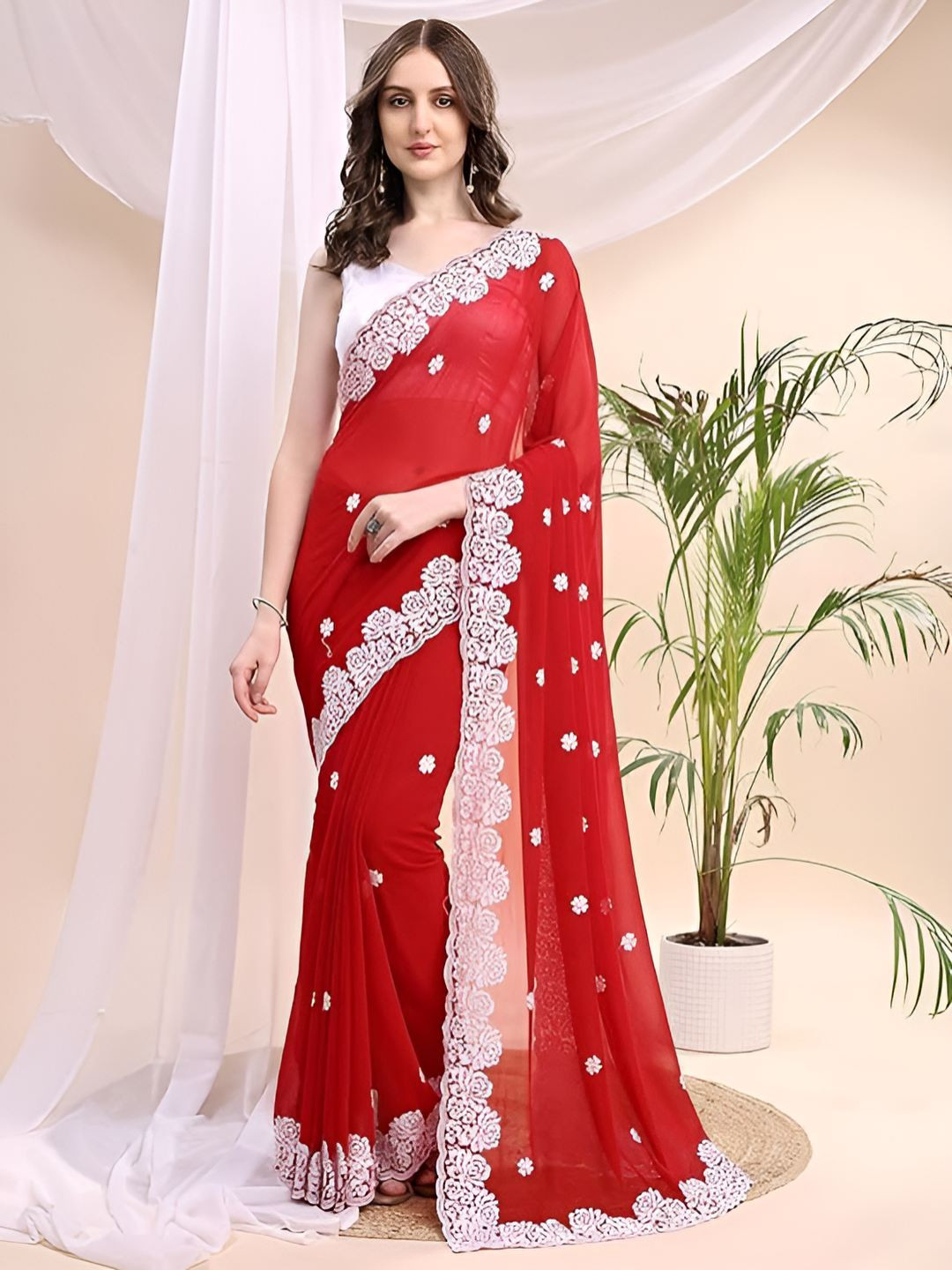 HESVI Floral Chikankari  Embroidered Net Saree