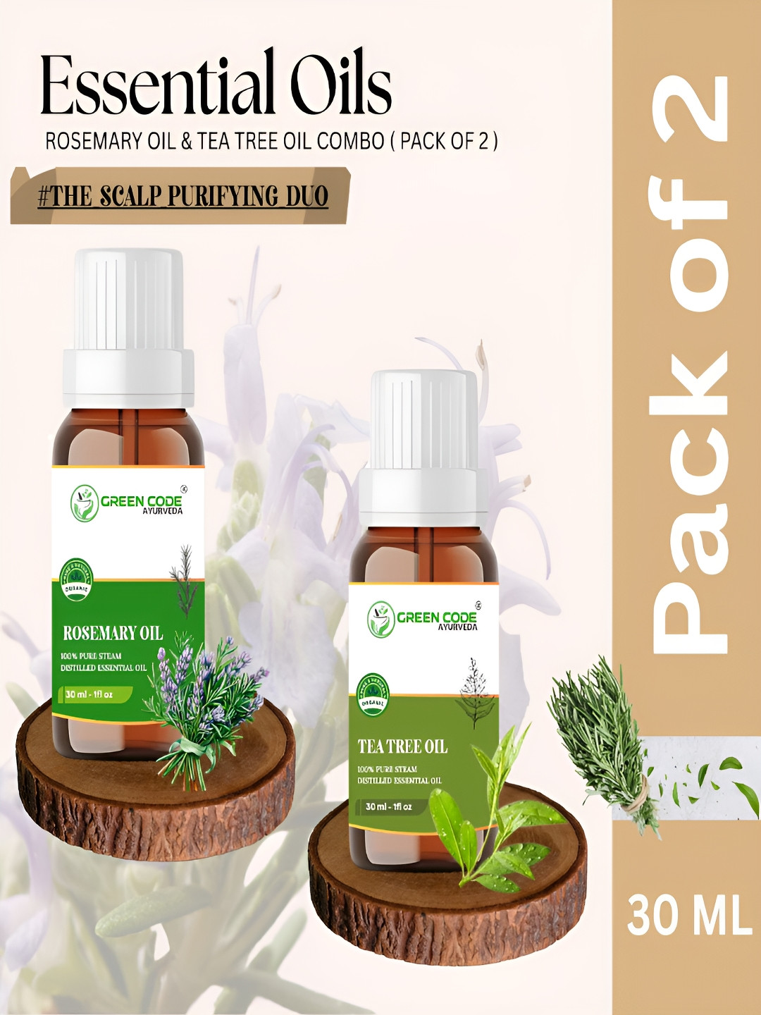 GREEN CODE AYURVEDA  Set Of 2 100% Pure Tea Tree & Rosemary Essential Oils - 30 ml Each