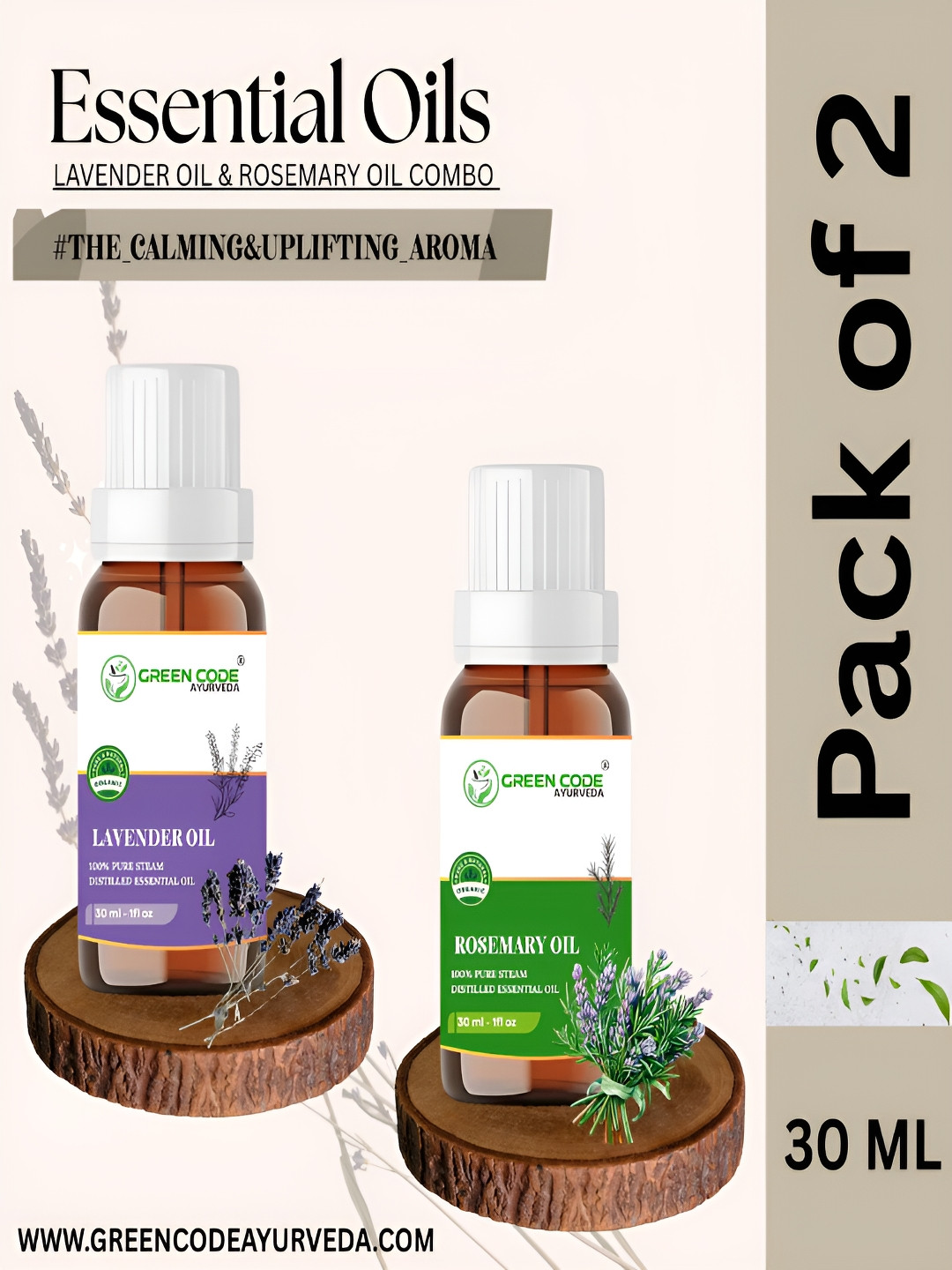 GREEN CODE AYURVEDA  Set Of 2 100% Pure Rosemary & Lavender Essential Oils - 30 ml Each