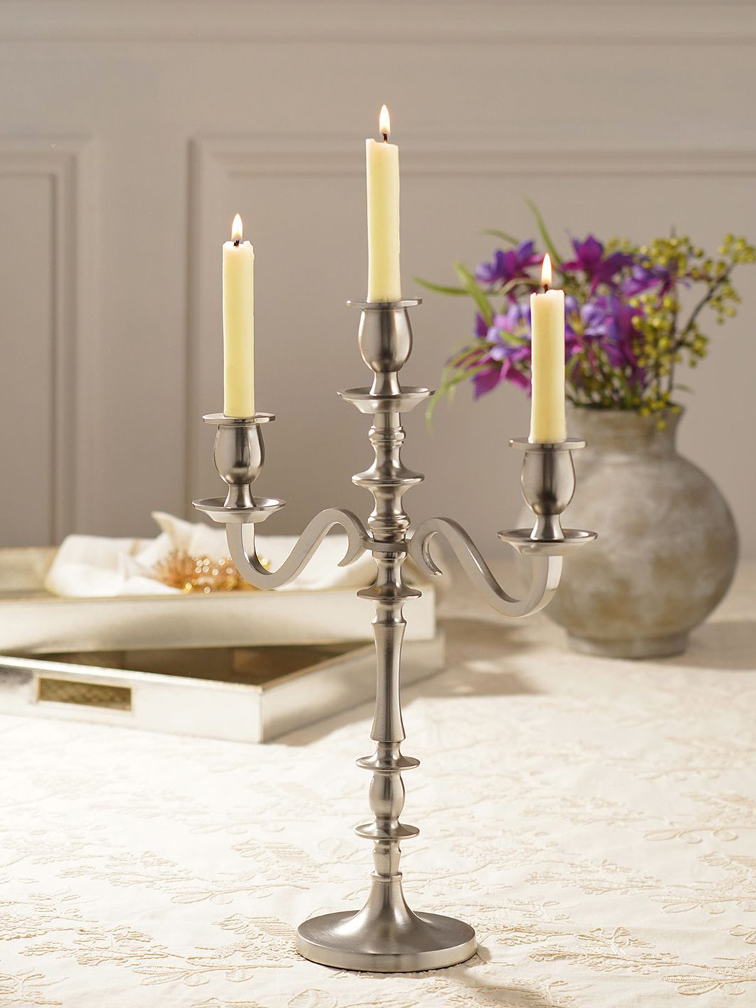 Pure Home and Living Silver-Toned 3 Arm Candelabra Aluminium Candle Holder