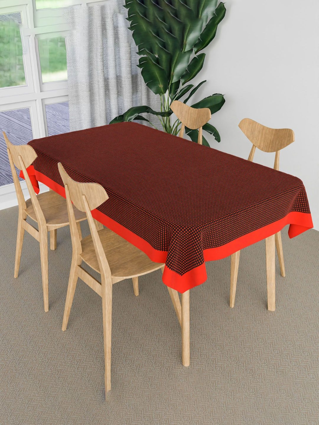 Aura Maroon & Black Barik Check Cotton Anti-Skid Rectangle 4 Seater Table Cover