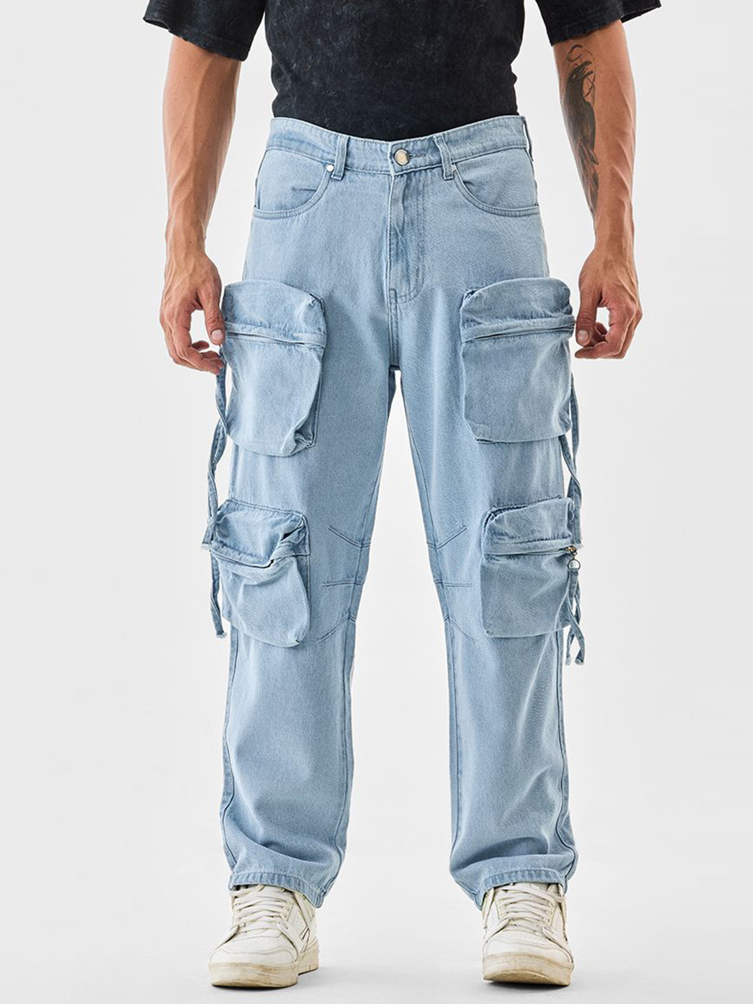 Snitch Men Light Blue Mid-Rise Baggy Cargo Pants