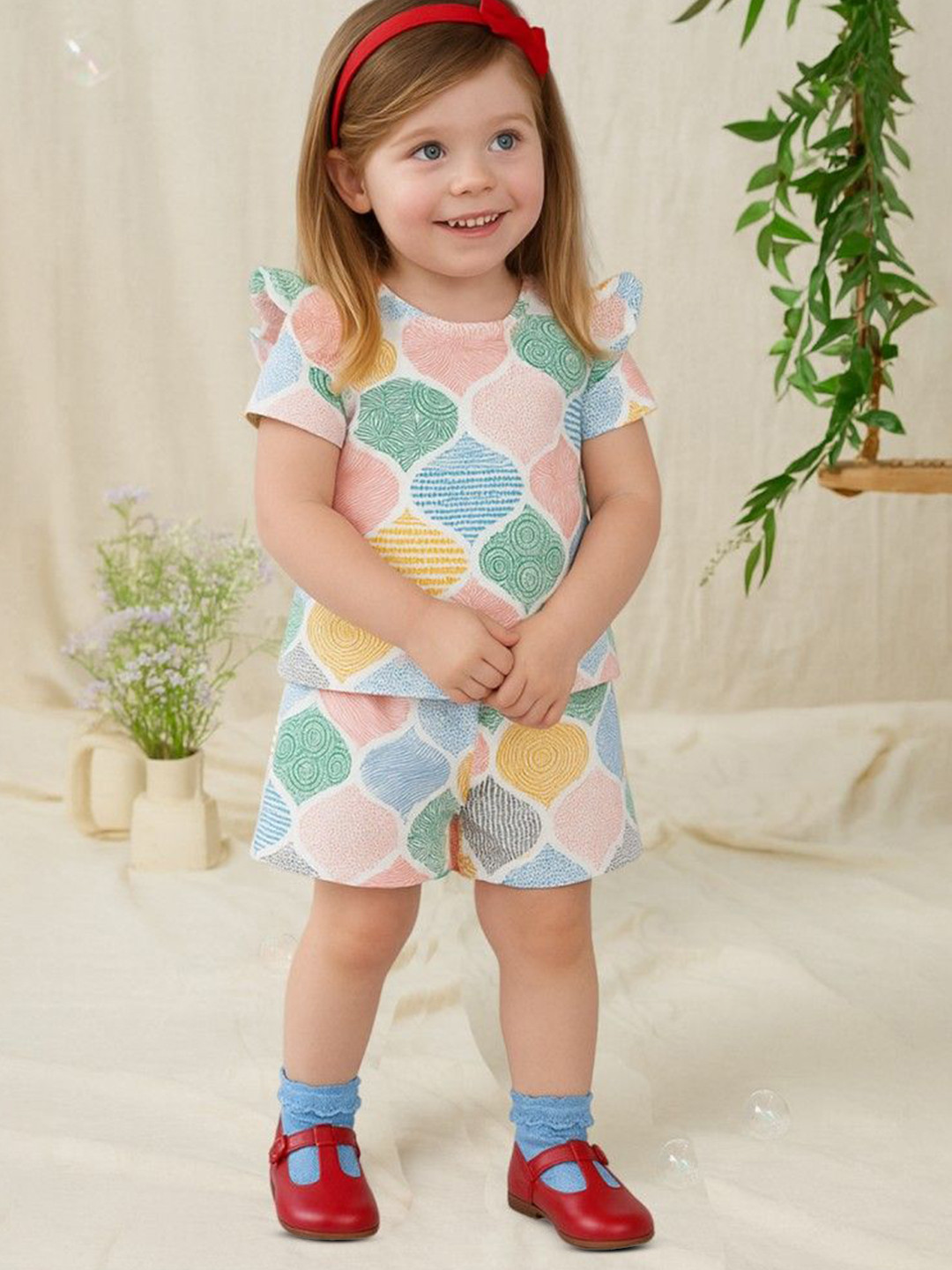 Kidbea Girls Printed Patterned Pure Cotton Top With Shorts