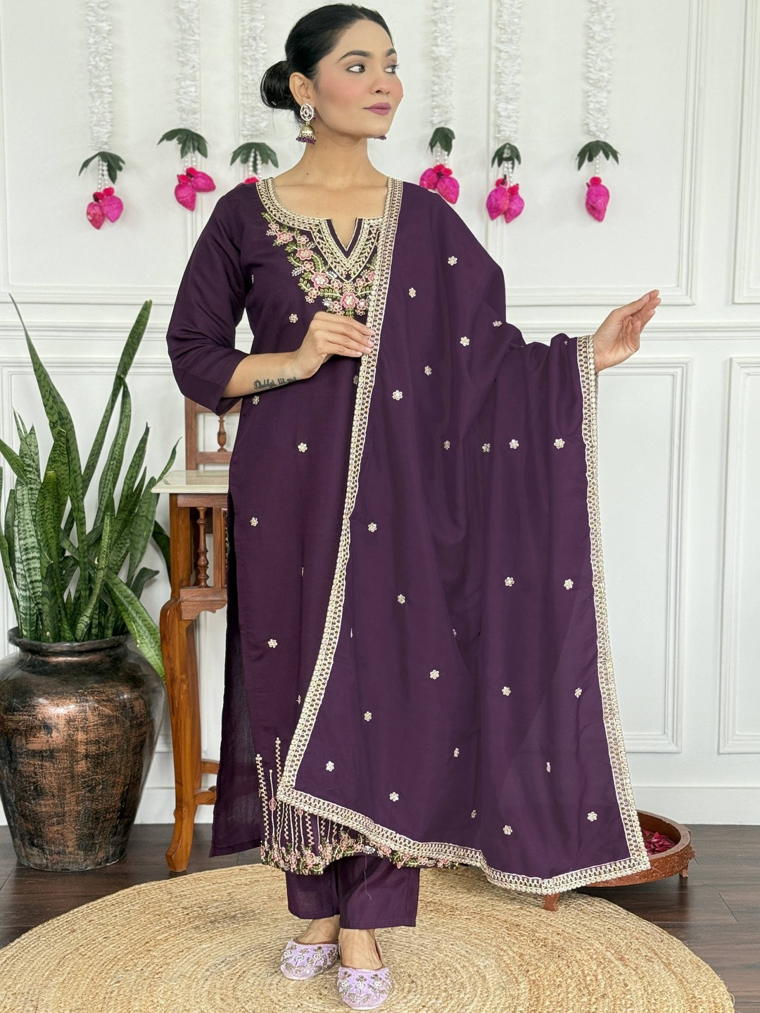 SUPPAR SLEAVE Women Wine Floral Embroidered Kurta Set With Trousers & Dupatta