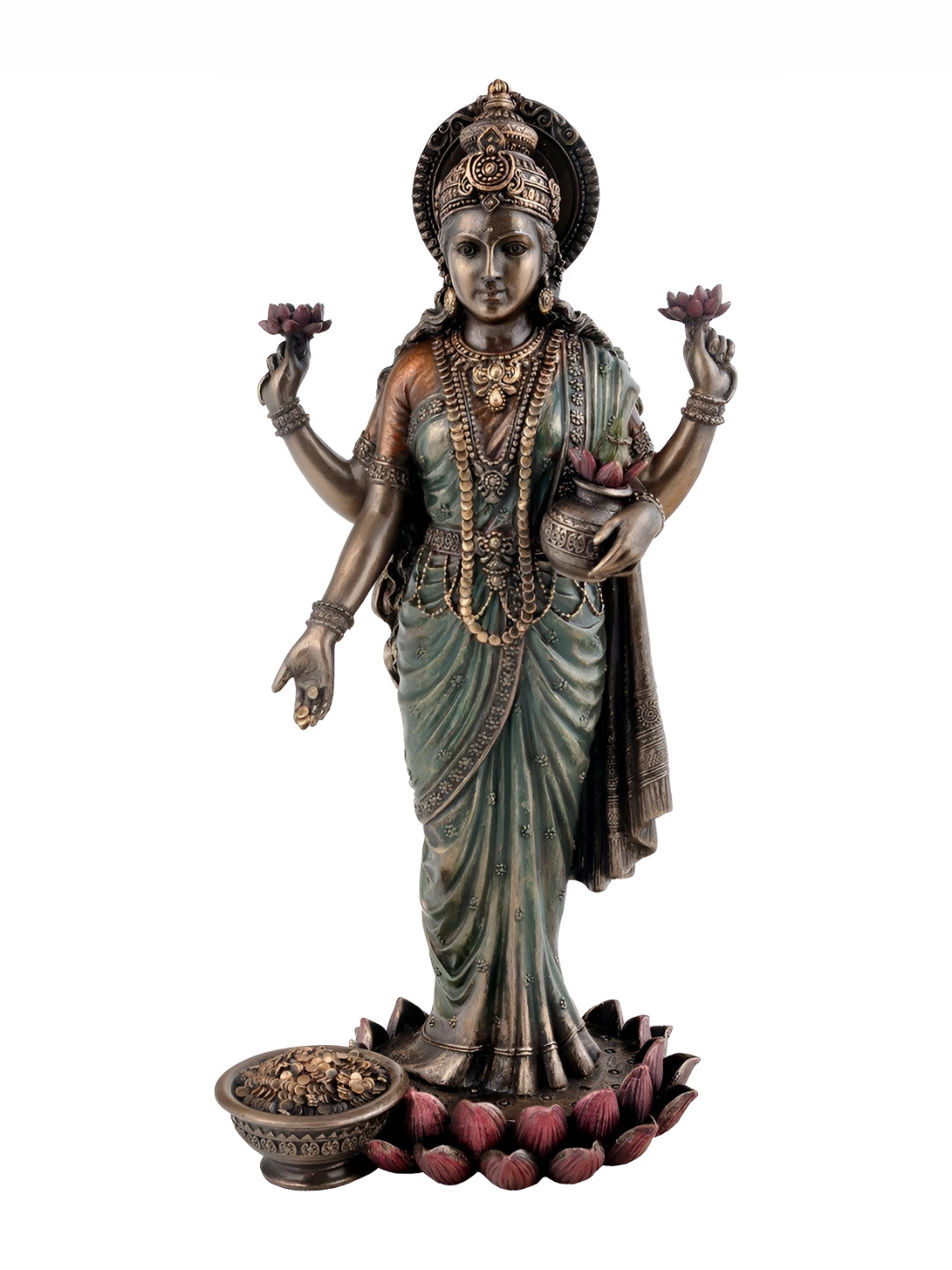 CraftVatika Brown & Green Bronze Maa Laxmi Standing Statue