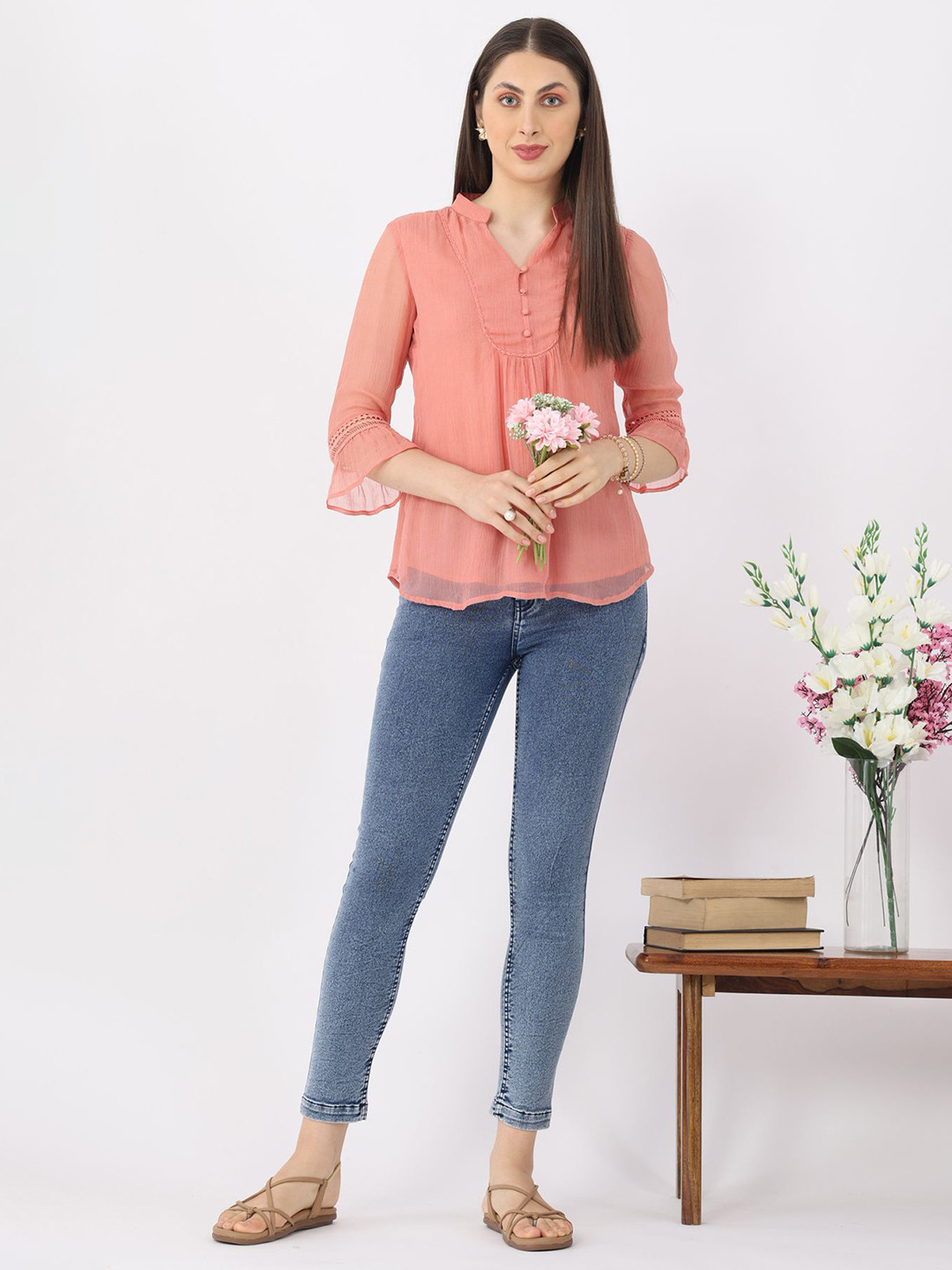 Mustard Print Women Peached  Mandarin Collar Solid Top