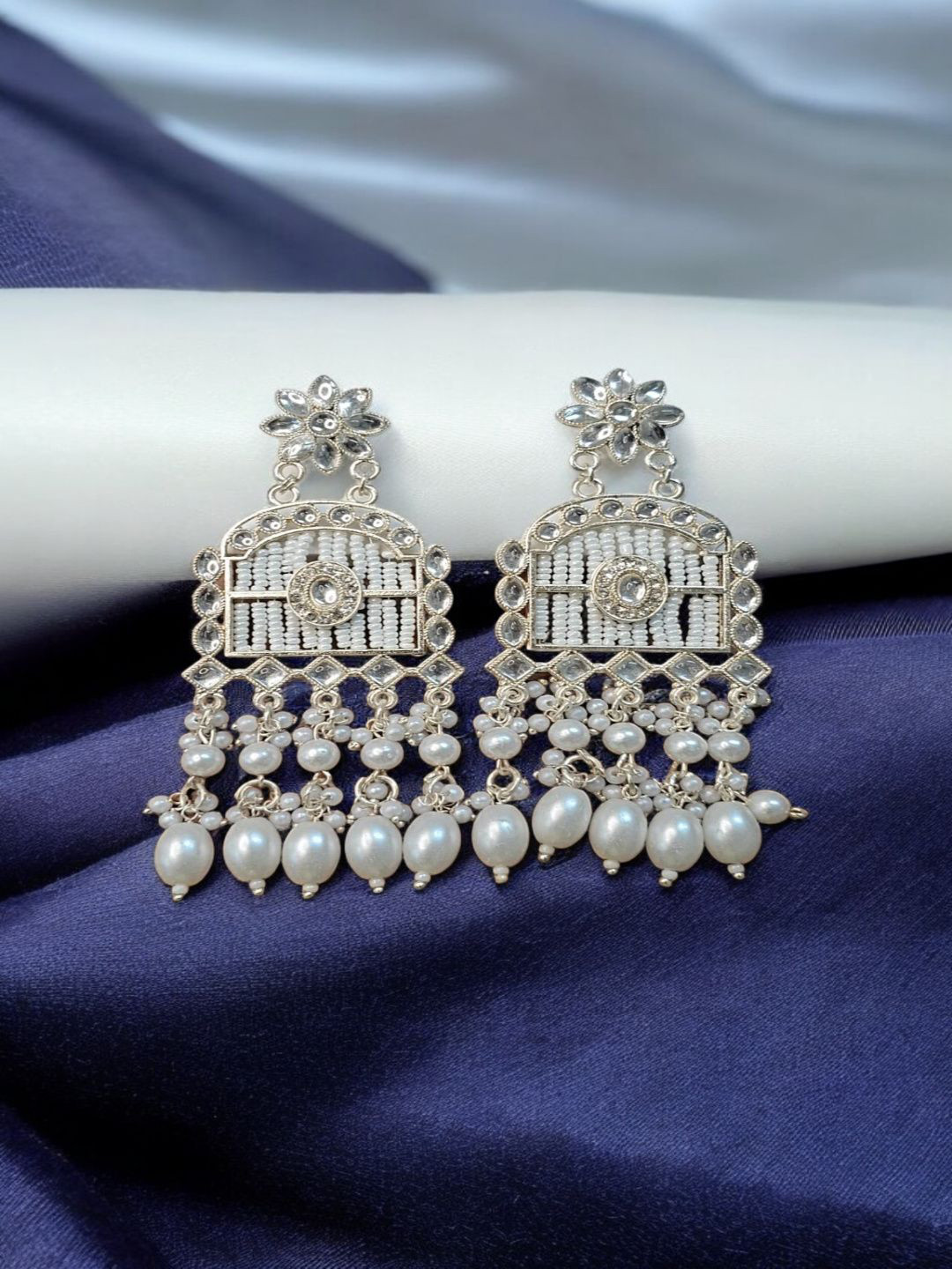 INDIAURA MODE Silver-Plated Stones Studded And Beaded Floral Shaped Drop Earrings