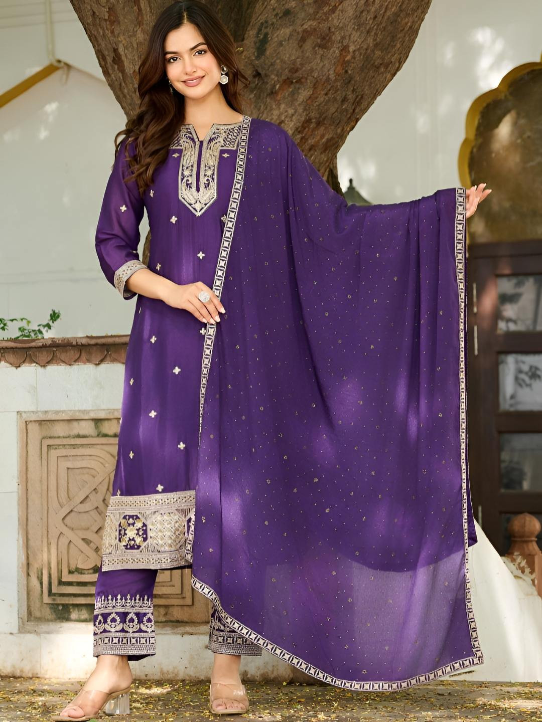 AUTUMN LANE Lopa Women Ethnic Motifs Embroidered Regular Kurta With Trousers & Dupatta