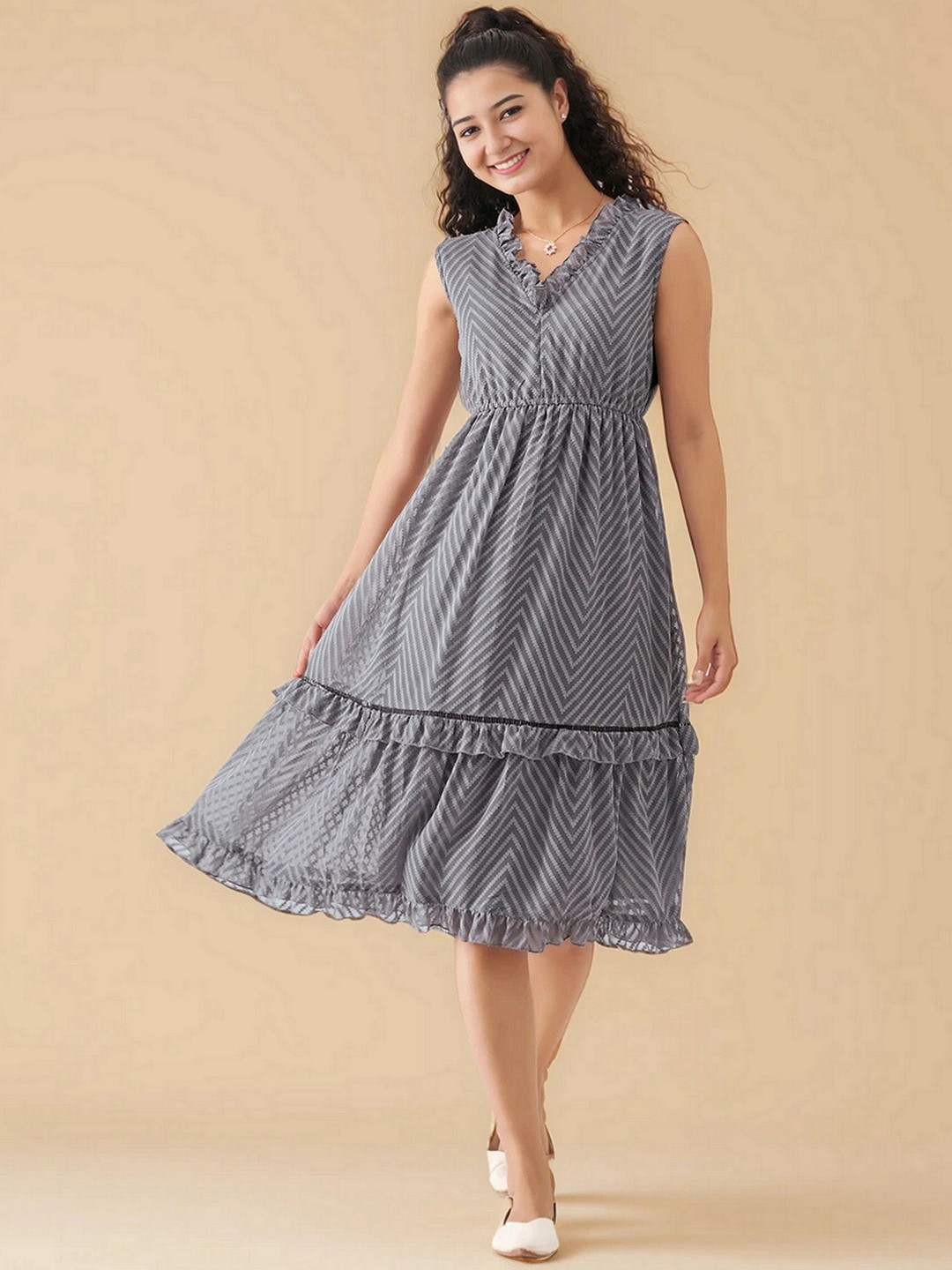 AASK Women's Steel Grey Self Design Crepe Fit and Flare Calf Length Dress