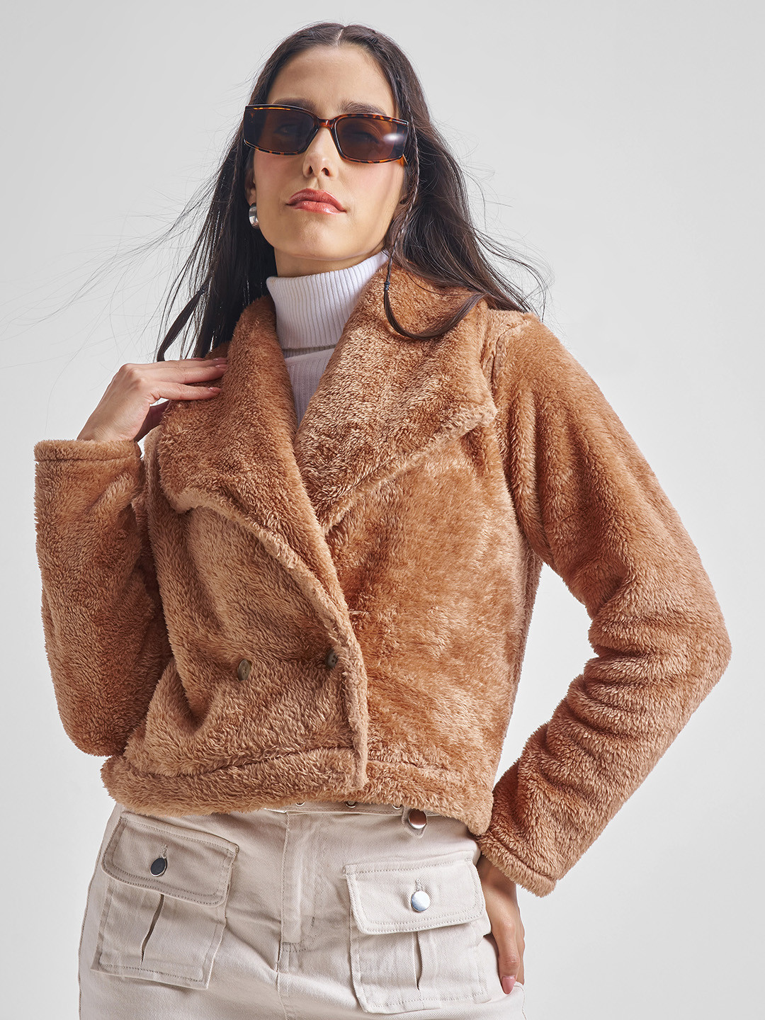 Tokyo Talkies Brown Lapel Collar Open Front Jacket With Faur Fux Trim Detail