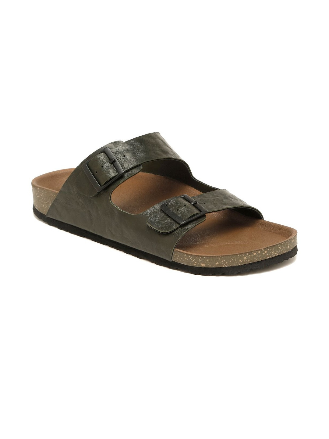 Kosher Men Comfortable Textured Olive Colour Double Buckle Slipper