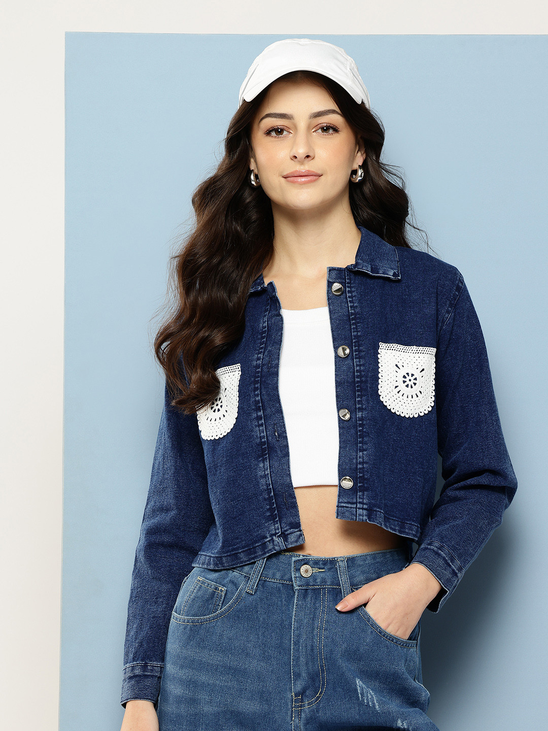 Aarika Crochet Pocket Crop Denim Jacket